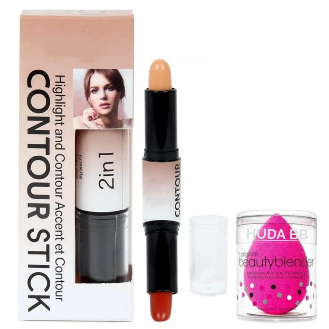 HUDA BB Professional Waterproof Highlighter And Contour Stick Highlighter Concealer With Blender For All Type Of Makeup Set-Of-2