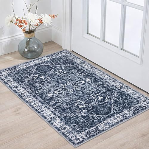 KOZYFLY Small Area Rug 2x3 Ft Rugs for Entryway Washable Boho Entry Rug Non Slip Door Mat Indoor Entrance Faux Wool Vintage Printed Kitchen Rug Throw Rugs for Entrance Kitchen, Navy/Grey