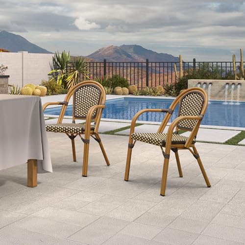 Image of PURPLE LEAF Patio French Bistro Armchairs Set of 4, Bamboo Finish, Brown
