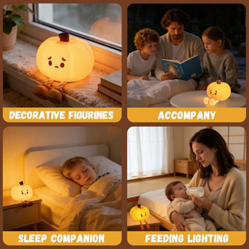 Image of Cute Pumpkin Night Light, Squishy Squeeze Silicone Lamp, USB Rechargeable Dimmable Nursery Light for Kids Bedroom, Halloween Home Decor, Birthday Holiday Gift for Toddlers Girls Boys