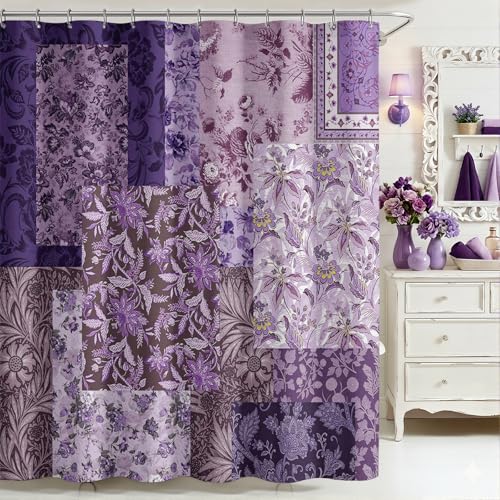 Mocsicka Vintage Boho Shower Curtain Retro Purple Floral Shower Curtain Boho Floral Bathroom Decor Waterproof Mid Century Farmhouse Flowers Patchwork Bath Curtain 72 X 72 Inch