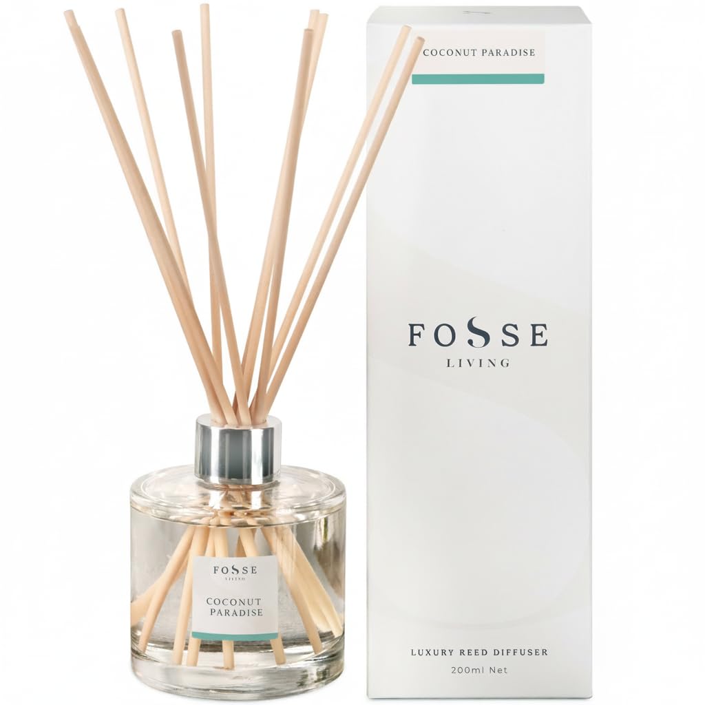 Fosse Living Coconut Paradise Reed Diffuser 200Ml | Tropical, Creamy & Dreamy | 10 Natural Fibre Reeds | Vegan & Paraben Free | 4+ Months Scent | Handmade In Uk