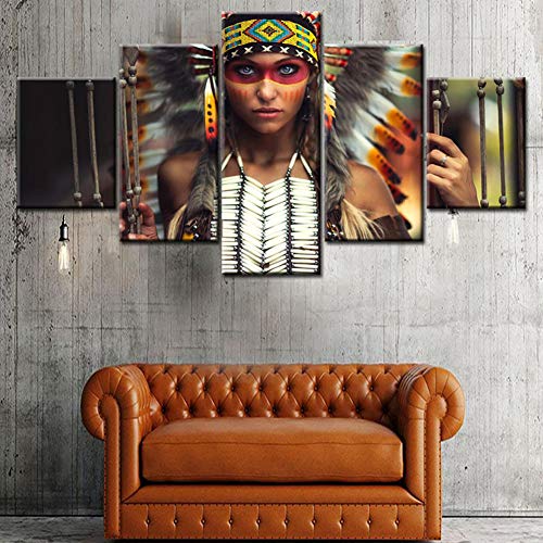 KKJJ Moda Cuadro en Lienzo Chica nativa Americana glamorosa Ilustraciones Impresas para la decoración de la Pared | 5 Paneles Fotos de Lienzo para Sala de Estar,150 * 80cm