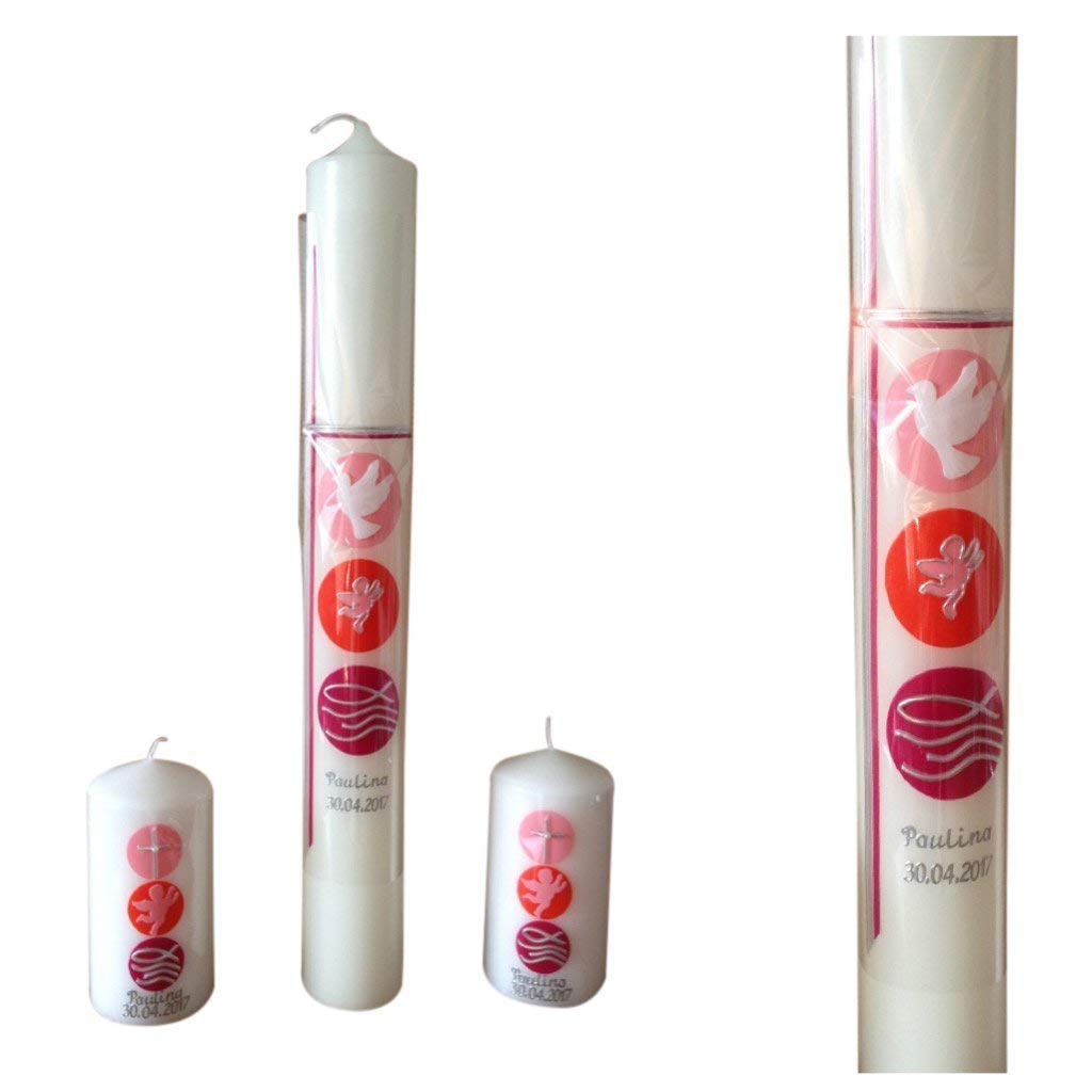 Taufkerze Kommunionkerze Mädchen Rosa Kerze zur Taufe Kommunionkerze Konfirmationkerze mit Name und Datum beschriftet.
