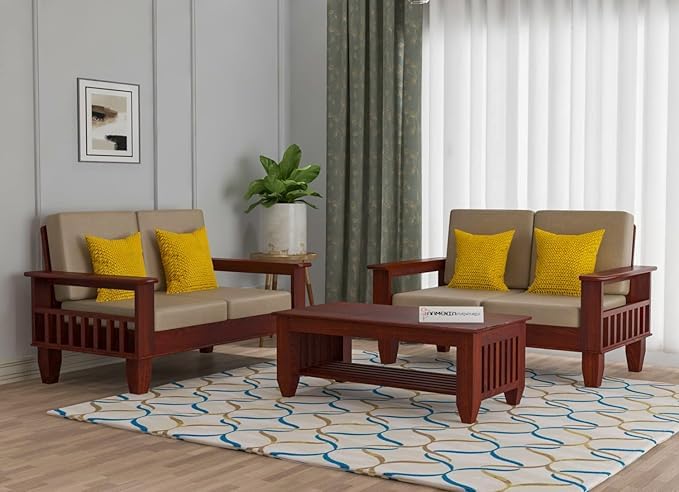 Image of Sheesham Wooden 4 Seater Sofa for Living Room | Rosewood 4 Seater Cushion Sofa with Side Newspaper Holder for Home & Office | Sofa (40 Density Cushion,Mahogany,2+2 Seater)
