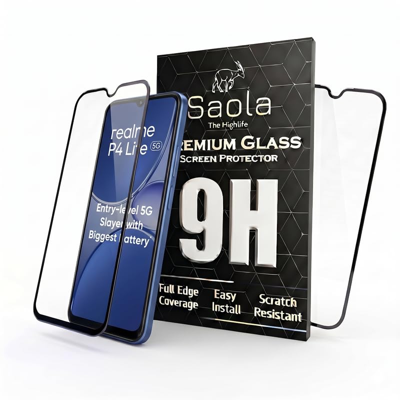 Image of Saola HD+ Oleophobic Tempered Glass For Realme P4 Lite 5G (PACK OF 1) with Hassle-less Installation Kit. Full screen Coverage. 6.8 inch