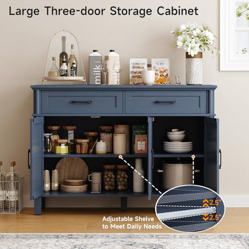 Image of ONBRILL 48 Inch Buffet Cabinet with Storage, Farmhouse Sideboard Buffet w /2 Drawers and 3 Doors, Wood Coffee Bar Cabinet with Adjustable Shelves, Sideboard Storage for Kitchen, Living Room, Blue