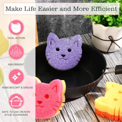 Image of FillTouch 3 Pcs Dual Sided Scrub Sponge Multi Functional Cute Temperature Sensitive Non Scratch Dish Sponge for Washing Dishes Kitchen Bathroom(Cat,Pink, Yellow, Purple)