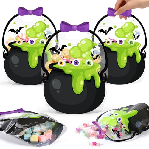 Fuutreo 50 Pcs Halloween Favor Bags Transparent Cauldron Sealed Pouches