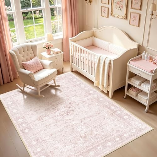 Pink Washable Rugs 5x7, Neutral Vintage Boho Carpet for Nursery, ...