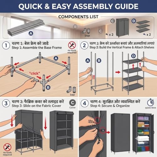 Image of Ulif Multipurpose 𝗖𝗼𝗹𝗹𝗮𝗽𝘀𝗶𝗯𝗹𝗲 𝗪𝗮𝗿𝗱𝗿𝗼𝗯𝗲 Cabinet | 𝗙𝗼𝗹𝗱𝗮𝗯𝗹𝗲Fabric Organizer with 𝟲 𝗦𝗵𝗲𝗹𝘃𝗲𝘀 | Portable Clothes 𝗦𝘁𝗼𝗿𝗮𝗴𝗲 𝗥𝗮𝗰𝗸 for Bedroom (GREY)