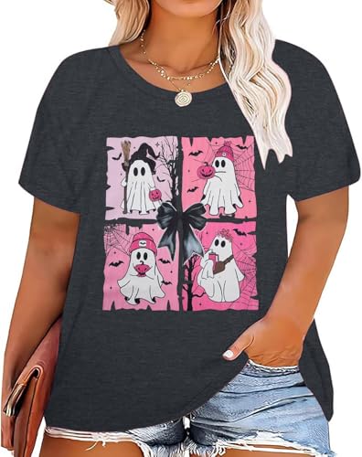 Plus Size Halloween Shirts for Women Funny Ghost Shirt Funny Spooky Season Short Sleeve Pumpkin Graphic Tee Tops