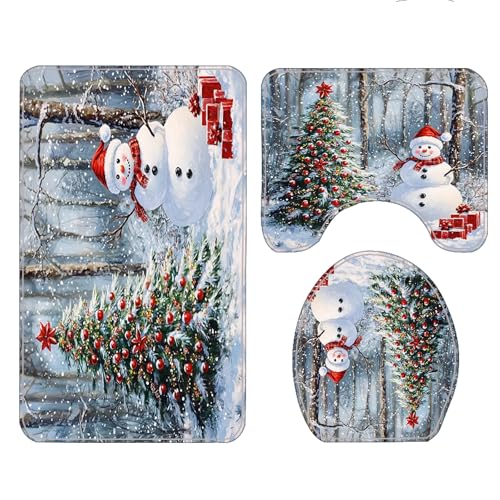 GUDAGUU Christmas Bath Rugs Sets,3 Piece Snowman Christmas Tree Truck Bells Xmas Elements Bathroom Decor with Mats U-Shaped Toilet Seat Cover,Santa Theme Winter (Silver)