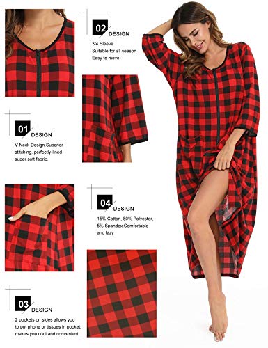 Image of Bloggerlove Zipper Front Robes for Women House Coat Half Sleeve Loungewear Long Nightgown with Pockets S-3XL