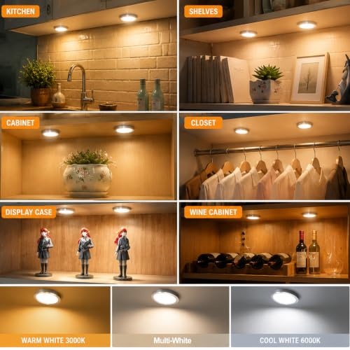 Image of Smart LED Puck Lights, Dimmable Under Cabinet Lighting with Bluetooth App Control, Music Sync, Timer, DC 12V Adaptor (2Pack, Multi-White)