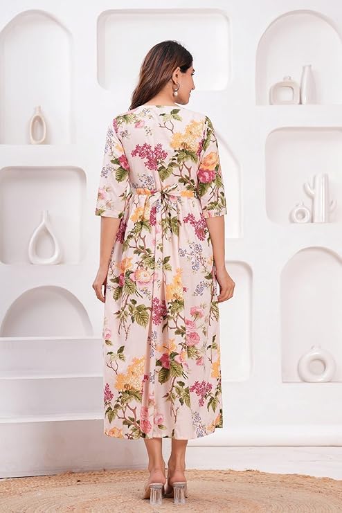 Image of Women's Pure Cotton Floral Printed Maternity Feeding Kurti with Zipper Feeding Dress for Women Feeding Gown