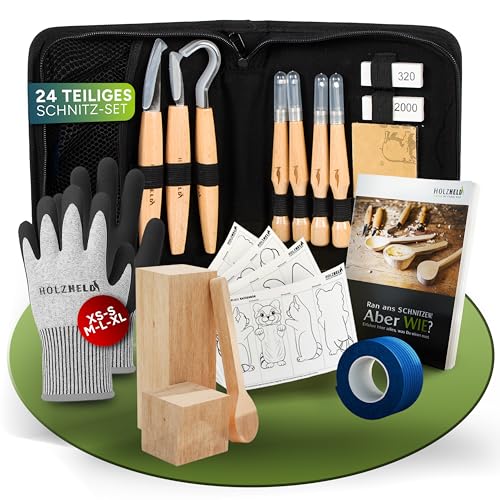 HOLZHELD hochwertiges Schnitzwerkzeug (24 teil.) inkl. 32 S. Anleitung 4 Vorlagen u dt. Schnitzholz zum Schnitzen. Schnitzset L Holbearbeitungswerkzeug