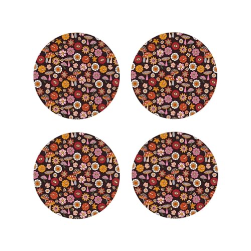 Runde Leder-Untersetzer, 4 Stück, leicht, 70er-Jahre, Hippie-Retro-Getränkeuntersetzer für Schreibtisch, verbrühungsfreie Schreibtisch-Untersetzer für Bürotischdekoration