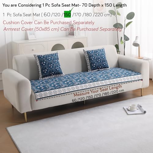 Image of HOKIPO 'LiefNest' Holland Velvet Sofa Cover Mat with Foam Filling for 1 /2 /3 Seater & L-Shape Sofa. Make Your Own Sofa Cover Set, Mat Size: 150(L) cm, Geometric Floral Oriental Blue (IN-823-D4)
