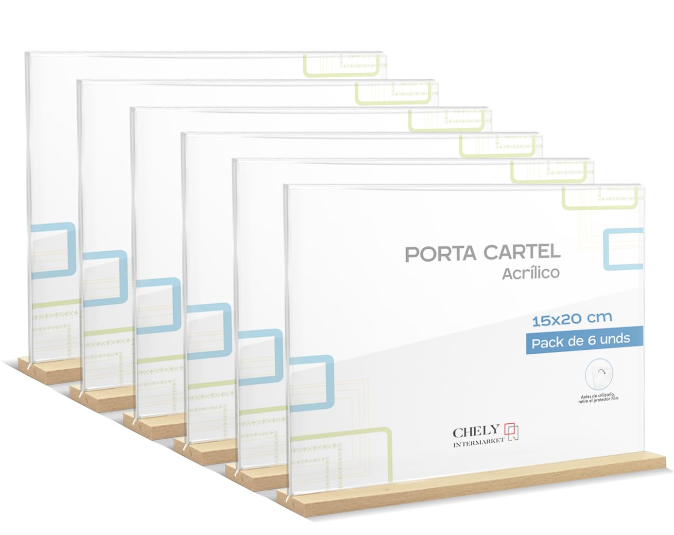 CHELY INTERMARKET Porta Cartel A5 15X20 CM Pack 6 Horizontal Base Madera Acrílico Transparente Señalética Tarifa Restaurante Negocio Información Eventos Mostrador Soporte Carteles