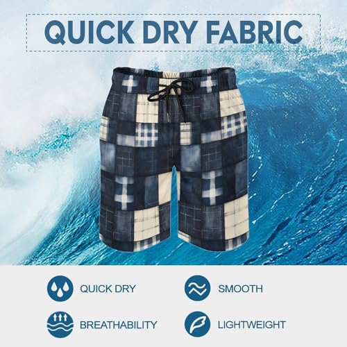 Retro Denim Plaid Print Mens Swim Trunks, Quick Dry Swim Shorts with Mesh Lining Swimwear Bathing Suits3