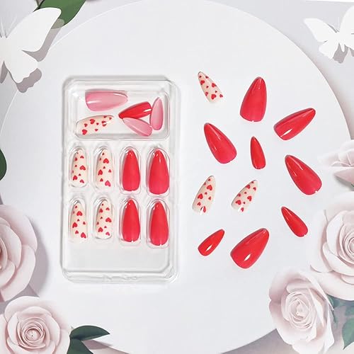 Uñas postizas a presión para el día de San Valentín, uñas postizas de almendra de longitud media, uñas rojas a presión con diseño de corazón, uñas