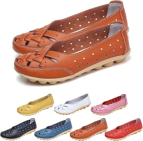 Owlkay Scarpe da donna, Owlkay nuove scarpe casual da donna, comode, in pelle di vacchetta, sandali bassi morbidi con intaglio, Arancione, 38.5 EU