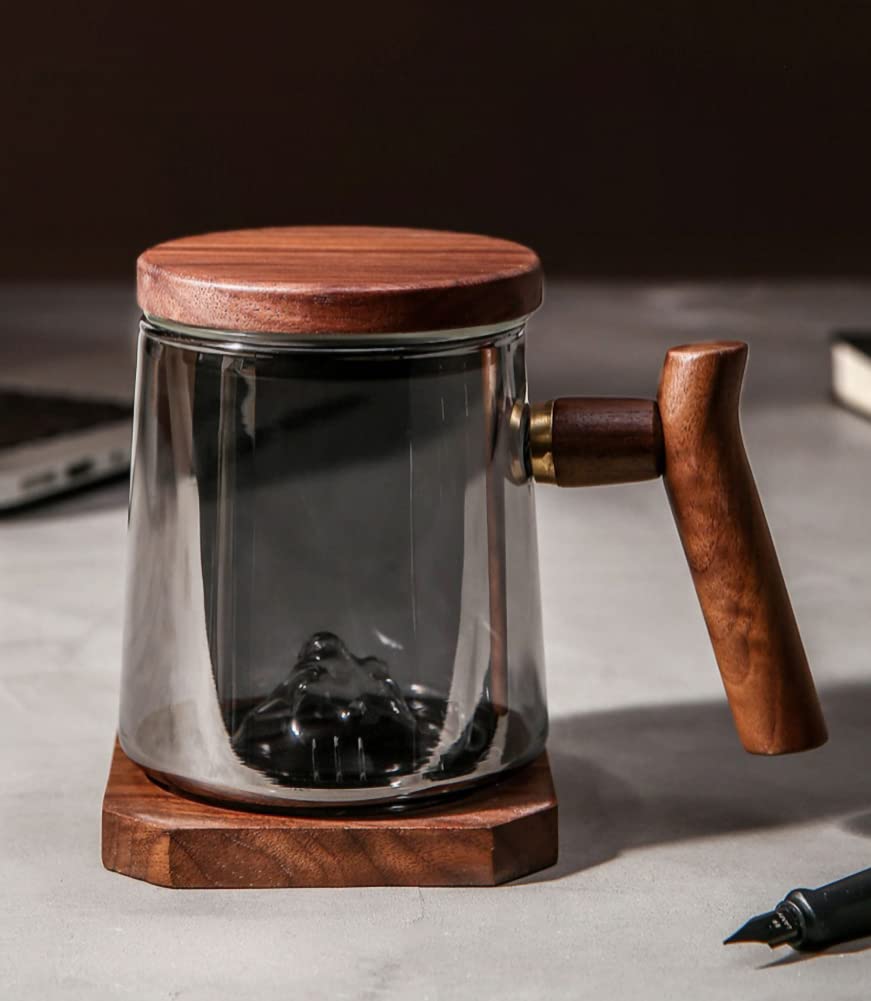 ELABORATE CHOICE Japanese Mug Teacup with Infuser and Wooden Handle,Filtered Tea Separation Cup, Infusion Mugs with Inner Filter for Home and Office A04