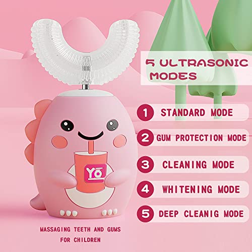Kids U Shaped Electric Toothbrush With 4 Brush Heads, Sonic Toothbrush Kids With 5 Modes, Cartoon Dinosaur 360-Degree Cleaning Ipx7 Waterproof Design (6-12 Age (Pink)) #TOP1