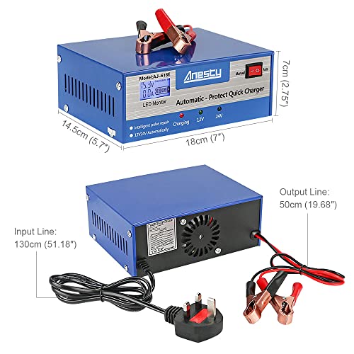 Car Battery Charger, 12V/24V Automatic Car Battery Charging Unit, Smart Monitor Charge Maintain Battery Charger with LED Screen, Ideal for Various Vehicle Vans Tractors Lead-acid Battery - Image 7