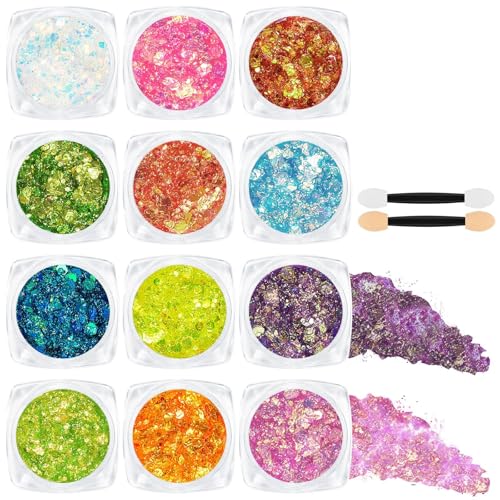 AOOWU Gel de Purpurina, 12 Cores Brilhantes para o Rosto, Gel Corporal com Purpurina para Rosto e Corpo, Autoadesivo, Glitter de Carnaval para Maquiagem de Festival, Mascarada e Festa (Conjunto A)
