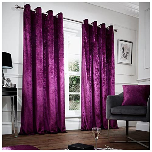 GC GAVENO CAVAILIA Modern Energy Efficient Bedroom Curtains | Crushed Velvet Eyelet Curtains & Drapes | Fully Lined Thermal Insulated Curtain For Bedroom & Living Room | Aubergine, 66X72 Inch