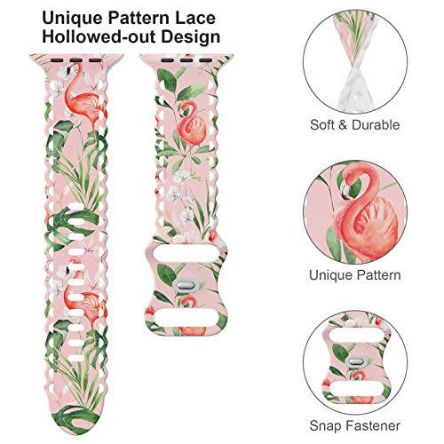 Image of Compatible with Apple Watch Band 41mm 40mm 38mm 49mm 45mm 44mm 42mm Women Girl, Flamingo Print Lace Hollow-out Soft Silicone Sport Bands For iWatch Ultra SE Series 10 9 8 7 6 5 4 3 2, Flam-42