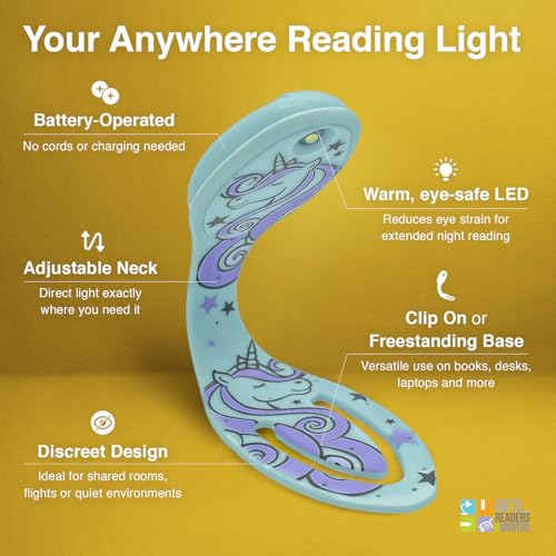 Image of Gifts for Readers & Writers Book Light, Clip On Reading Light for Bed, 2in1 Flexilight & Bookmark, Small & Lightweight with a Soft Glow, 2 Batteries Included, Unicorn