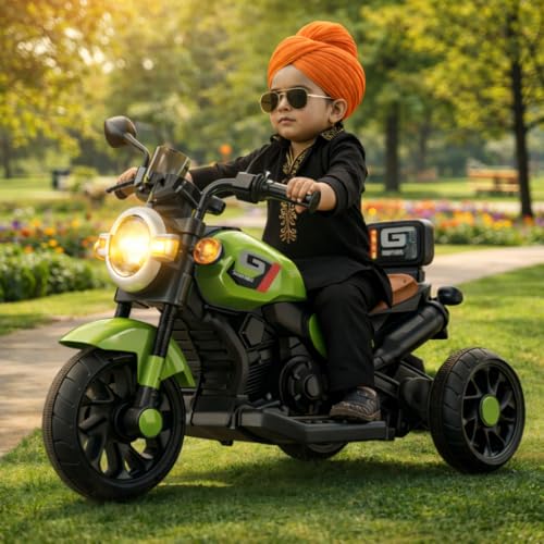 Image of Kids Electric Ride-On Bike with LED Headlight, Music & 3-Wheel Stability, Battery Powered Motorcycle Toy for Boys & Girls (Ages 1-4 Years) (Green)