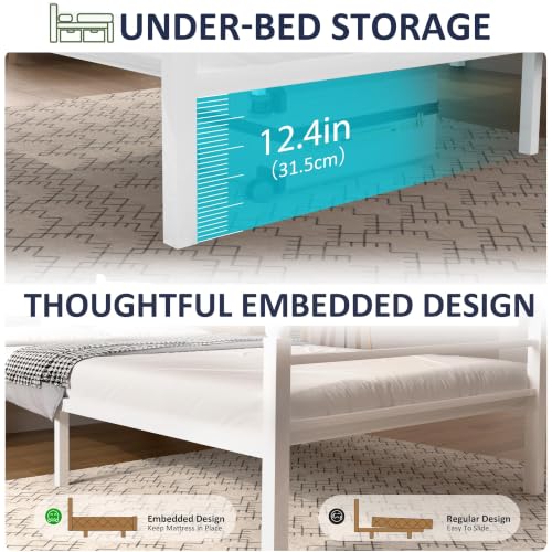 Image of J.Fkne Twin Bed Frame with LED Lights & Charging Station, Metal Platform Bed with Headboard, Heavy Duty Metal Slats, No Box Spring Needed, Noise Free, Easy Assembly, White