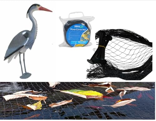 Small Water Garden Koi Fish Pond Heron Defense Kit, Includes Heron Decoy and Pond Cover Netting, Protects Koi Fish from Blue Heron Birds, Cats & Predators – Reusable & Stakes Included