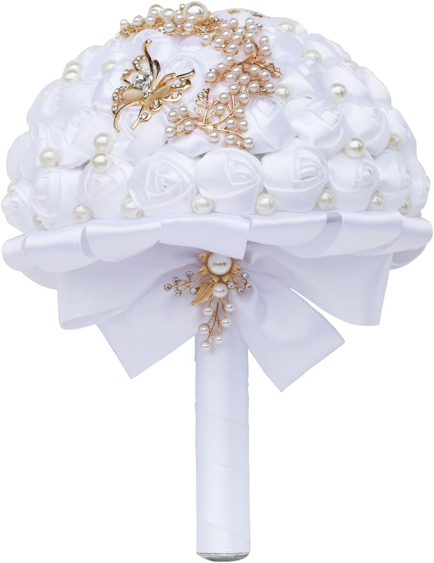 ハンドメイドサテンローズブライダルブーケトスラウンドウェディングブーケスロートス造花束ホワイト