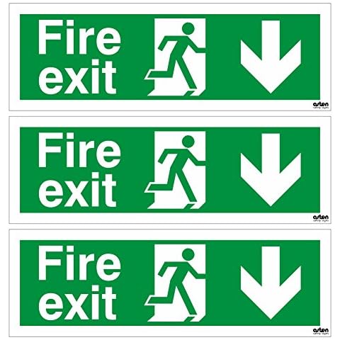 Pack of 3 x Fire Exit Down Arrow Emergency Escape Signs. 300mm x 100mm (Self Adhesive) Cover
