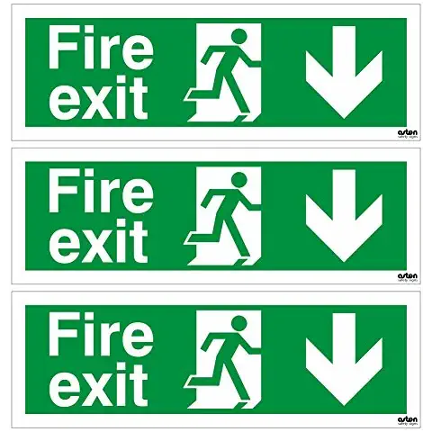 Pack of 3 x Fire Exit Down Arrow Emergency Escape Signs. 300mm x 100mm (Self Adhesive) Cover