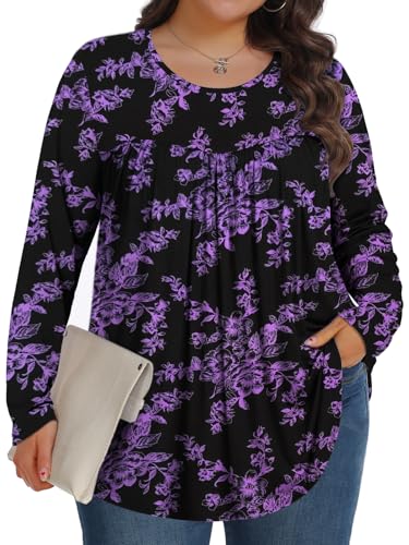 Plus Size Tops for Women Fall Long Sleeve Shirts Crew Neck Casual Loose Tunic Blouse 1X-5X