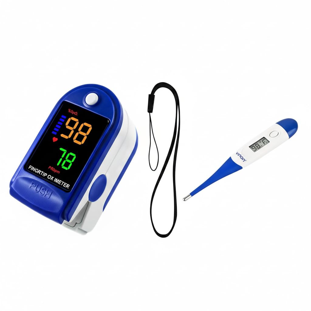 Digital LED Pulse Oximeter + Digital Thermometer Combo for Home Use Instant SpO₂ & Pulse Measurement, Fast & Accurate LED Pulse Oximeter, Instant Blood Oxygen & Heart Rate Checker With Batteries and Laynyard AD807 (Oximeter + Thermometer)