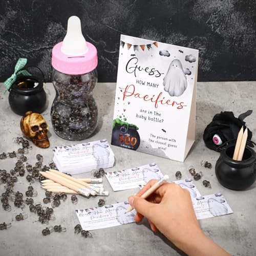 Image of Roowest 512 Pcs Baby Shower Games Guess How Many Pacifiers Sign 100 Small Guessing Games 10 HB Pencils 750ml Milk Bottle 400 Acrylic Pacifiers Decoration for Guest Gender Reveal (Pink,Halloween)