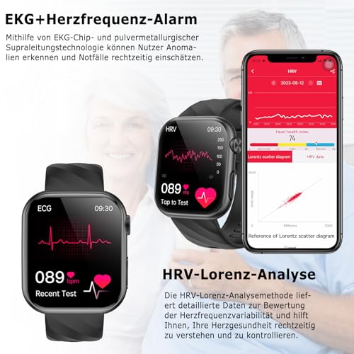 2026 Neue Smartwatch EKG+HRV/Harnsäure/BMI Herren Damen 1,97" AMOLED Gesundheitsuhr mit Telefonfunktion 24H Herzfrequenz SPO2 ΒΙutdruck Körpertemperatur BΙυtzυcker Schlaf/Apnoe-Monitor Fitnessuhr – Bild 3