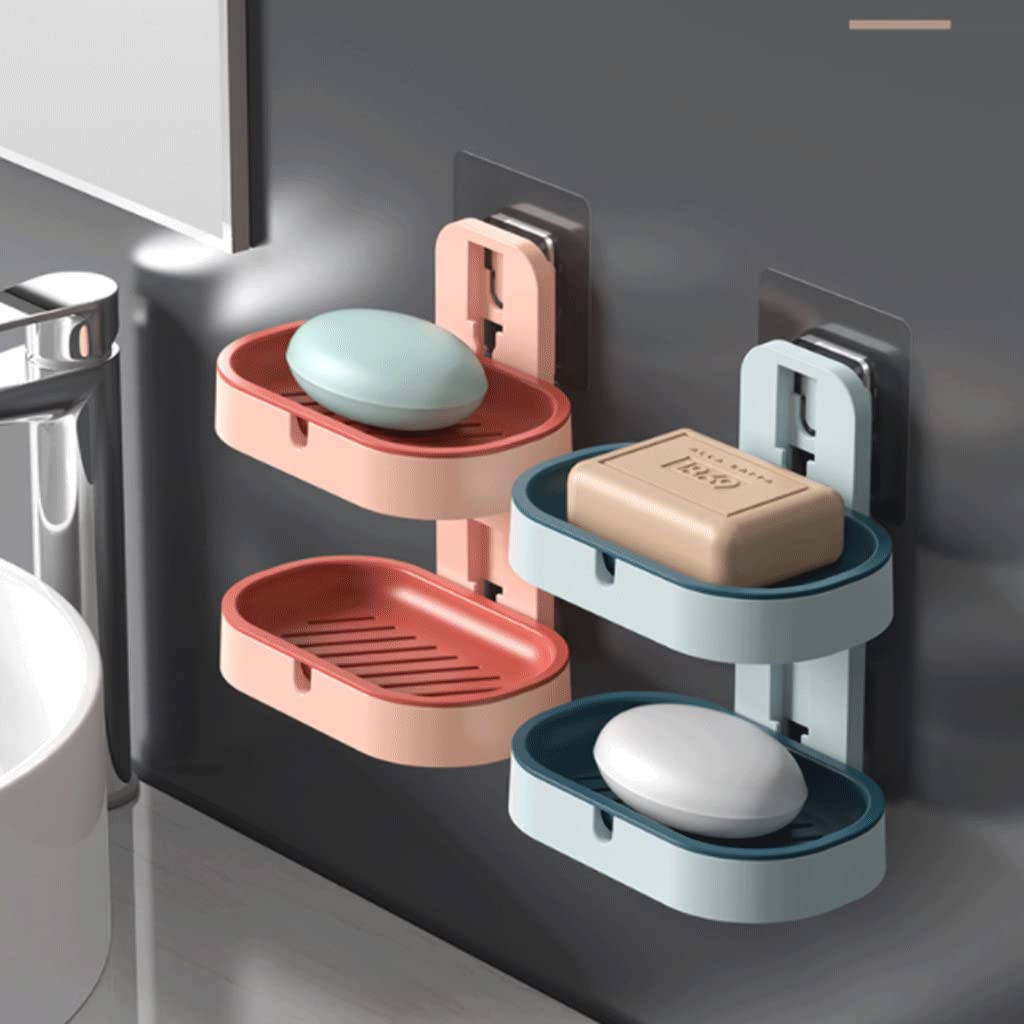 Jabonera, jabonera, de Pared con Drenaje automático, plástico diseño Doble Capa, Caja jabón Desmontable(Roze)