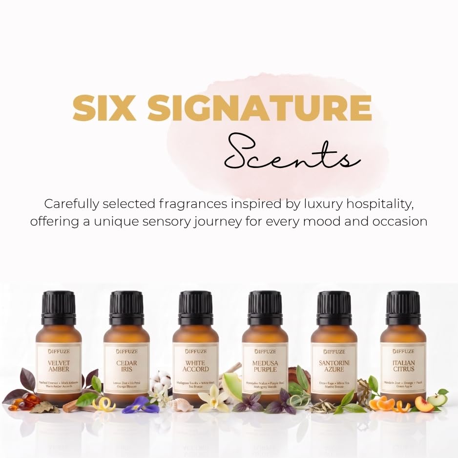 Image of DIFFUZE Essential Oil Set | Signature Hotel Collection - 6 x 15 ml Premium Aroma Fragrance Oils | Luxury Fragrance Oil Set for Diffuser, Home, Car & Room | Long-Lasting Hotel-Inspired Fragrance | 6 Signature Scents