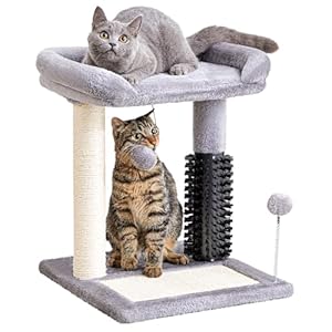 Made4Pets Small Cat Tree Tower, Cat Scratching Post 4-in-1 with Cat Self Groomer Brush, 20″ Tall Natural Sisal Cat Scratcher, Soft Plush Cat Perch Bed with Dangling Ball for Indoor Kittens, Grey