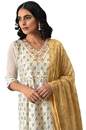 Image of Aurelia Women Polyester White Zari Embroidered Regular Kurta Set Golden Tights And Printed Dupatta