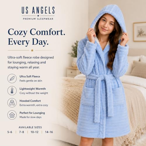 Image of US Angels Plush Robe For Girls- Plush Winter PJ Robe With Pockets, Hoodie & Belt- Ultra-Soft Bathrobe