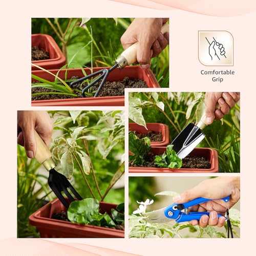 Image of 4 Piece Gardening Tool Set | Hand Cultivator, Trowel, Garden Fork, Pruner with Wooden Handle